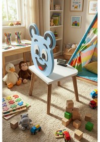Resim Çocuk Sandalyesi Happy Face Ahşap Ayaklı, Sevimli Figürlü Mavi 
