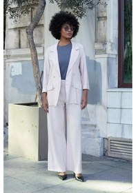 Resim Kadın İpeksi Dokulu Modal Kumaş Yakalı Cep Kapaklı Oversize Salaş Blazer Ceket-pudra Pudra 