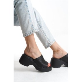 Resim Wella Kadın Deri Günlük Spor Dolgu Topuk Terlik W7841 Siyah 