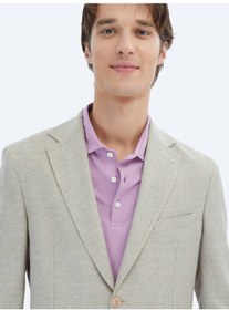 Resim Kip Açık Haki Desenli Modern Fit Keten Karışımlı Ceket Açık Haki 