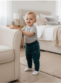 Resim Erkek Çocuk Pamuklu Lastikli Duble Paça Eşofman Altı-16388 Yeşil 