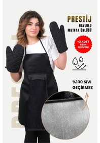 Resim Prestij 2 Eldivenli Set Sıvı Geçirmez Su Geçirmez Mutfak Önlüğü 2 Eldiven Siyah Siyah 