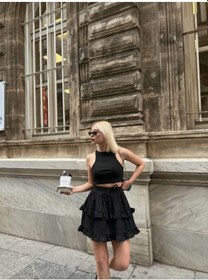 Resim Bel Lastikli Kat Fırfır Detaylı Kısa Etek - Siyah Siyah 