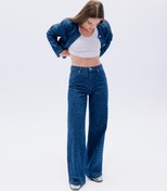 Resim Geniş Paça Kot Pantolon Leopar Baskılı Standart Bel Düğmeli Cepli - Wide Leg Jeans 