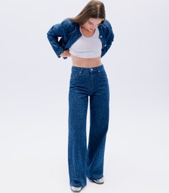 Resim Geniş Paça Kot Pantolon Leopar Baskılı Standart Bel Düğmeli Cepli - Wide Leg Jeans 