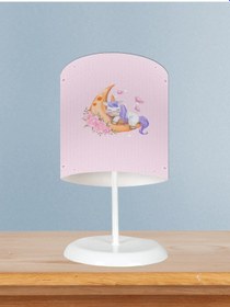 Resim Mekta Home Bebek Ve Çocuk Odası Aya Sarılan Unicorn Desenli Pembe Abajur 