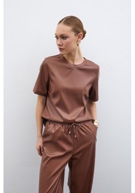 Resim Sateen Kısa Kol Deri Bluz - Kahve-135521 Kahve 