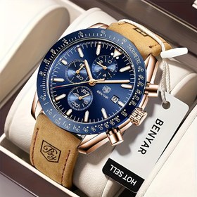 Resim BY BENYAR Erkek Analog Kuvars Kronograf Saat - Lüminesans Mavi Kadran, Paslanmaz Çelik Kasa ve Kahverengi Suni Deri Kayış, Tarih Gösterme, Rahat ve Spor Stil, Erkekler İçin Mükemmel Hediye, Rahat Saat | Lüminesans Eller Saati | Kuvars Hareketi 