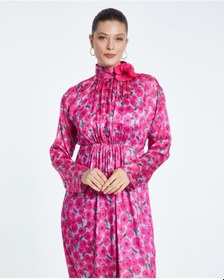 Resim Serpil Exclusive Çiçek Desenli Kadın Elbise - Yırtmaçlı - Yakası Çiçek Detaylı - Modern Ve Şık - Özel Gün Ve Davetler İçin Elbise Fuşya 