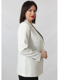 Resim 1906 Beyaz Çizgili Fermuarlı Cep Aksesuarlı Kadın Büyük Beden Blazer Ceket Beyaz 