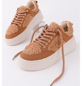 Resim Muggo Fleecy Kalın Taban Bağcıklı Peluş Detaylı Kadın Kışlık Sneaker Spor Ayakkabı Taba 