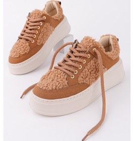 Resim Muggo Fleecy Kalın Taban Bağcıklı Peluş Detaylı Kadın Kışlık Sneaker Spor Ayakkabı Taba 