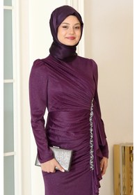 Resim Raika Moda Parıltılı Fırfır Detaylı Zühre Tesettür Abiye Mor 