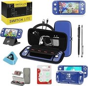 Resim Switch Lite Aksesuar Paketi, Taşıma Kılıflı Kit, Ekran Koruyuculu TPU Kılıf Kapak, Şarj Yuvası, Oyun Standı, Oyun Kartı Kılıfı, USB Kablosu, Stylus, Nintendo Switch Lite için Başparmak Kavrama Kapakları (Mavi) 