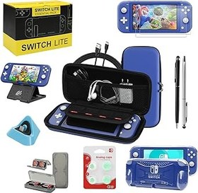 Resim Switch Lite Aksesuar Paketi, Taşıma Kılıflı Kit, Ekran Koruyuculu TPU Kılıf Kapak, Şarj Yuvası, Oyun Standı, Oyun Kartı Kılıfı, USB Kablosu, Stylus, Nintendo Switch Lite için Başparmak Kavrama Kapakları (Mavi) 