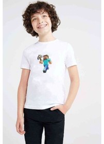Resim Minecraft Steve Baskılı Unisex Çocuk Beyaz T-Shirt 