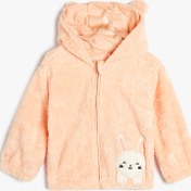 Resim Kız Bebek Peluş Kapşonlu Sweatshirt Fermuarlı Uzun Kollu Tavşan Aplikeli 