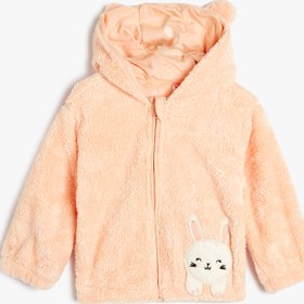 Resim Kız Bebek Peluş Kapşonlu Sweatshirt Fermuarlı Uzun Kollu Tavşan Aplikeli 