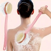 Resim 1 adet Uzun Saplı Yumuşak Saç Banyo Fırçası - Ergonomik Tutuşlu Çok Fonksiyonlu İki-in-Bir Arka & Vücut Ovucu, Rahatlatıcı Duşlar için Nazik Peeling Kılları, Pembe Plastik Tasarım, Nazik Cilt Bakımı | Çift Fonksiyonlu Ovucu | Yumuşak Kıllı Fırça 