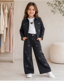 Resim Kız Çocuk Kalp Detaylı Siyah Denim Ceket Pantolon Ve Beyaz Tişört 3 Lü Takım Beyaz Mavi Boncukk Mb-kaldet-083 