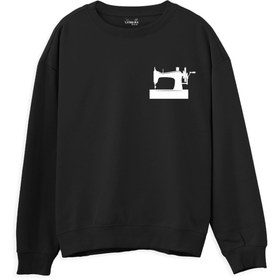 Resim Dikiş Makinesi Baskılı Sweatshirt-Siyah 