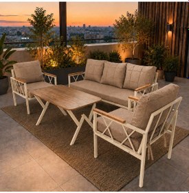 Resim Miray Krem Metal 311 Masalı Kahverengi Balkon Bahçe Oturma Grubu Minderli Metal Bahçe Mobilyası Takımı 