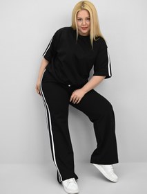 Resim Kadın Büyük Beden Şerit ve Bel Büzgü Detaylı Kısa Kollu Eşofman Takımı 8197-25 - XXL / Bebe Mavi 