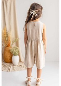Resim Oliven The Kid Oliventhekid Bej Naturel Keten Pileli Kolsuz Anvelop Yanlardan Bağcıklı Kız Çocuk Tulum Bej Bej 