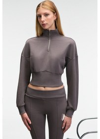 Resim Grimelange THALIA Kadın Arka Baskılı Ve Patch Detaylı Fermuarlı Dik Yakalı Antrasit Sweatshirt 