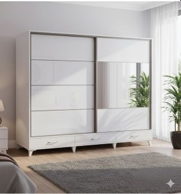Resim Güneş Sürgülü Dolap Çekmeceli Gardırop Beyaz 200 Cm 