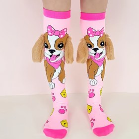 Resim 1 Çift Pembe ve Açık Mavi Karikatür Köpek Dizlik - 3D Kulaklar ile Sevimli Hayvan Deseni, Yumuşak Polyester Karışımı, Elde Yıkanabilir, Günlük Giyim ve Hediyeler için Mükemmel, Sevimli Çoraplar, Oynak Tasarım, Rahat Uyum 
