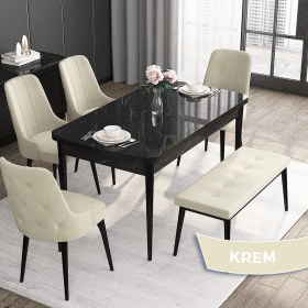 Resim Canisa Concept Roy Serisi, 80 x 132 cm Mdf Mutfak Masa Takımı,siyah Mermer Desen Masa 4 Sandalye 1 Bench 