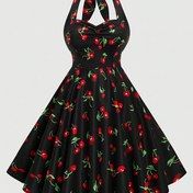 Resim Kadınlar için Vintage Kiraz Baskılı Boyun Bağlamalı Elbise - Siyah Kırmızı ve Yeşil Renkli Vücuda Oturan Göğüs Bölmesi ile Geniş Etekli A Kesim, Makinede Yıkanabilir Şık Parti Elbisesi Günlükten Resmi Törenlere Uygun 