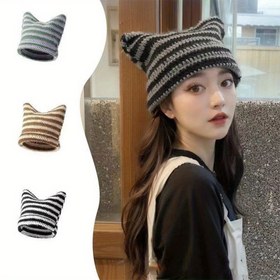 Resim 1 Adet Unisex Sevimli Kedi Kulaklı Bere, Sonbahar ve Kış İçin Çizgili Aksesuarlı Sıcak Başlık, Çiftler İçin Mükemmel Hediye 
