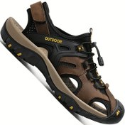 Resim Erkek Premium Deri Sandalet - Kapalı Parmak Balıkçı Stili, Siyah/Kahverengi/Gri, Yaz Flip Flop & Hiking Ayakkabıları Elastik Kayış, Kauçuk Taban ve Rahat Kumaş Astar ile Casual Outdoor Giyim 