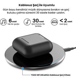 Resim Tozo T6S Ip-X8 Su Geçirmez Kablosuz Şarj Özellikli Dokunmatik Kontrol Kulakiçi Kablosuz 5.3 Bluetooth Kulaklık 