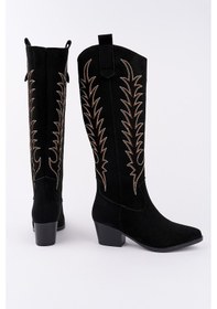 Resim Muggo Texas Sivri Burun Nakışlı Kalın Topuklu Kadın Kovboy Western Çizme Sıyah Suet 