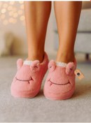 Resim Kadın Pembe Peluş Panduf Ev Terliği Kışlık Sıcak Tutucu, Kaymaz Taban, Sevimli Tasarım Pembe 