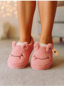 Resim Kadın Pembe Peluş Panduf Ev Terliği Kışlık Sıcak Tutucu, Kaymaz Taban, Sevimli Tasarım Pembe 