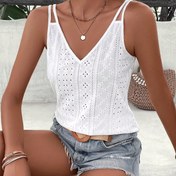 Resim Kadınlar için Şık V Yaka Örgü Delikli Kolsuz Üst - Kolsuz, Nefes Alabilir Polyester, İlkbahar/Yaz/Sonbahar İçin Mükemmel, Şık Halter Yaka Stili 