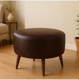 Resim Azra Mobilya Acı Kahve Yuvarlak Deri Puf 60 Cm Çap, 46 Cm Yükseklik, Modern Ceviz Ayaklı Kahverengi 