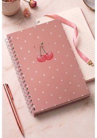 Resim Kiraz Desenli Pembe Sert Kapak Spiralli Çizgili Defter 17x24cm 120 Yaprak 1 Adet Not Defteri Okul Büro Ofis Defteri 