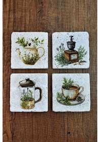 Resim Doğal Taş Bardak Altlığı -kahve & Çay Temalı 10x10cm Stone Coasters Çok Renkli 