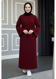 Resim Defymoda Kadın Kırmızı Ribanalı / Fitilli Uzun Tesettürlü Kışlık Elbise - Çan Kol Detaylı Astarlı/örme Kırmızı 