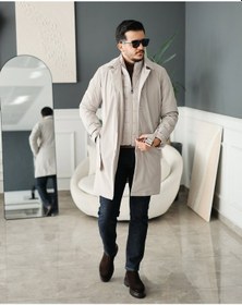 Resim Erkek Açık Gri Düğmeli Kuşaklı Trençkot Taş 