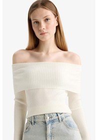 Resim Defacto Coool Slim Fit Dar Kesim Açık Omuz Triko Kazak B6537ax25wner105 Ekru 