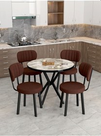 Resim Mygusi Azra Mutfak Masa Takımı 90 Cm Masa Beyaz Mermer + 4 Sandalye Kahve 