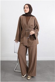 Resim MODAQU Kemerli Kimono Pantolon İkili Takım - Kahverengi 