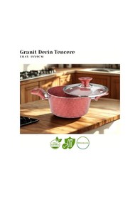 Resim 18 Cm Granit Derin Tencere Cam Kapak - Kırmızı Kırmızı 