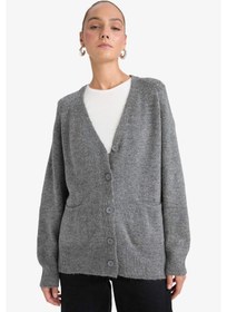Resim Defacto Oversize Geniş Kalıp V Yaka Yumuşak Dokulu Düğmeli Hırka F2902ax25wngr348 Gri 